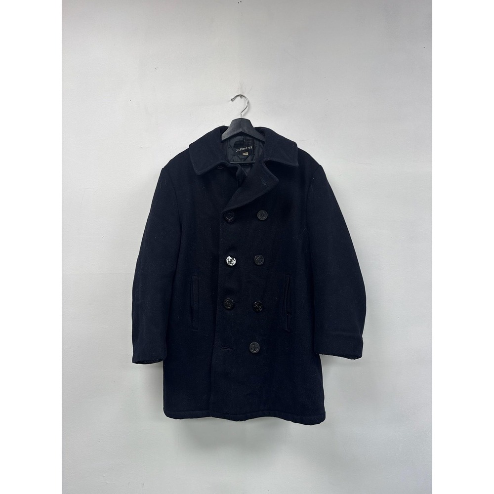 Vintage JCPenney Peacoat Large Black Double Breasted Quilted Lining Winter‎ Coat